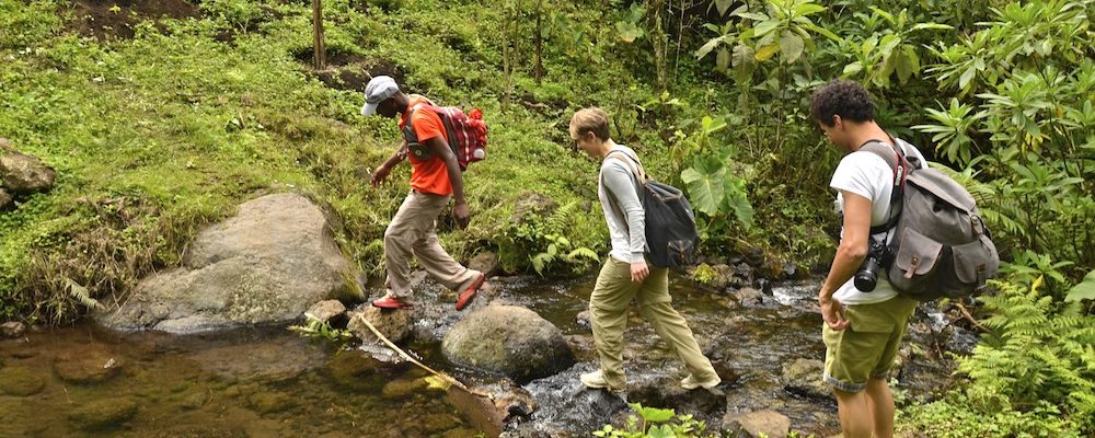Manase, SENE guide, and SENE clients walk on the Kilimanjaro foothills